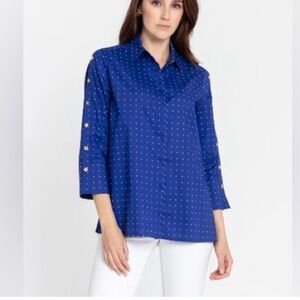Hinson Wu Halsey Marine Dot Blue Top 3/4 sleeves cotton blend size